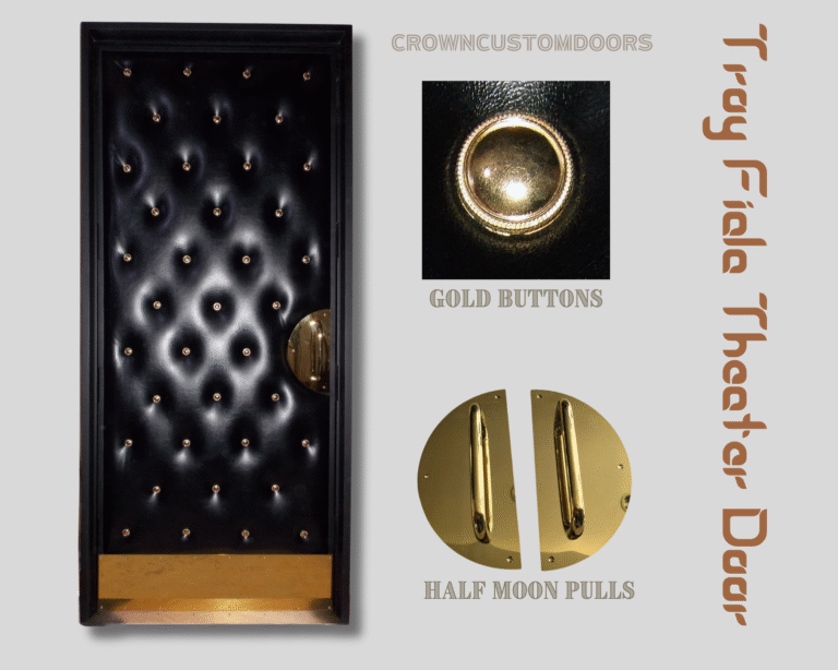 Custom pre-hung black leather tufted soundproof home theater single door featuring gold button studs, polished brass half-moon pull handles, and a brass kick plate on a gray product graphic background.