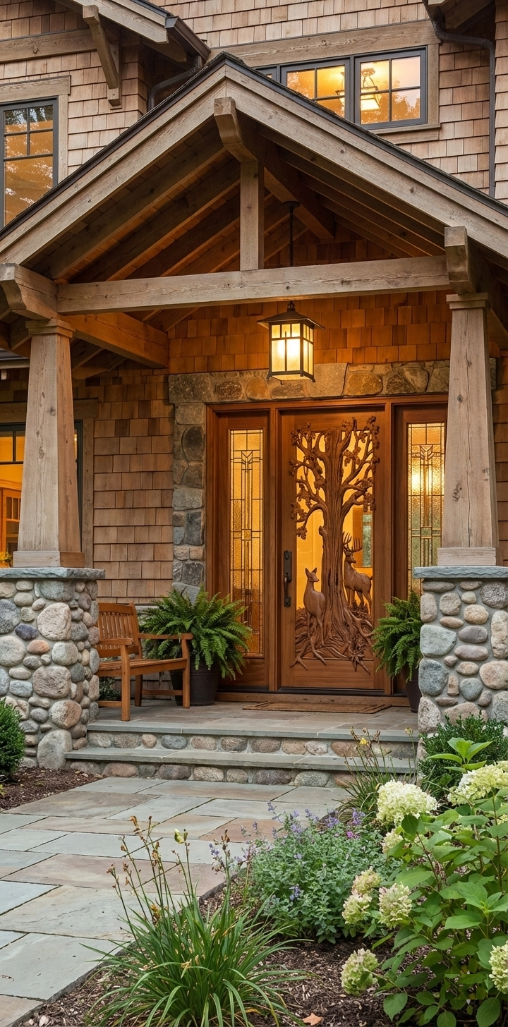 Handcrafted solid wood front entry door carved in the shape of a white oak tree with buck and doe deer, flanked by decorative glass sidelights on a rustic Craftsman porch with stone pillars.