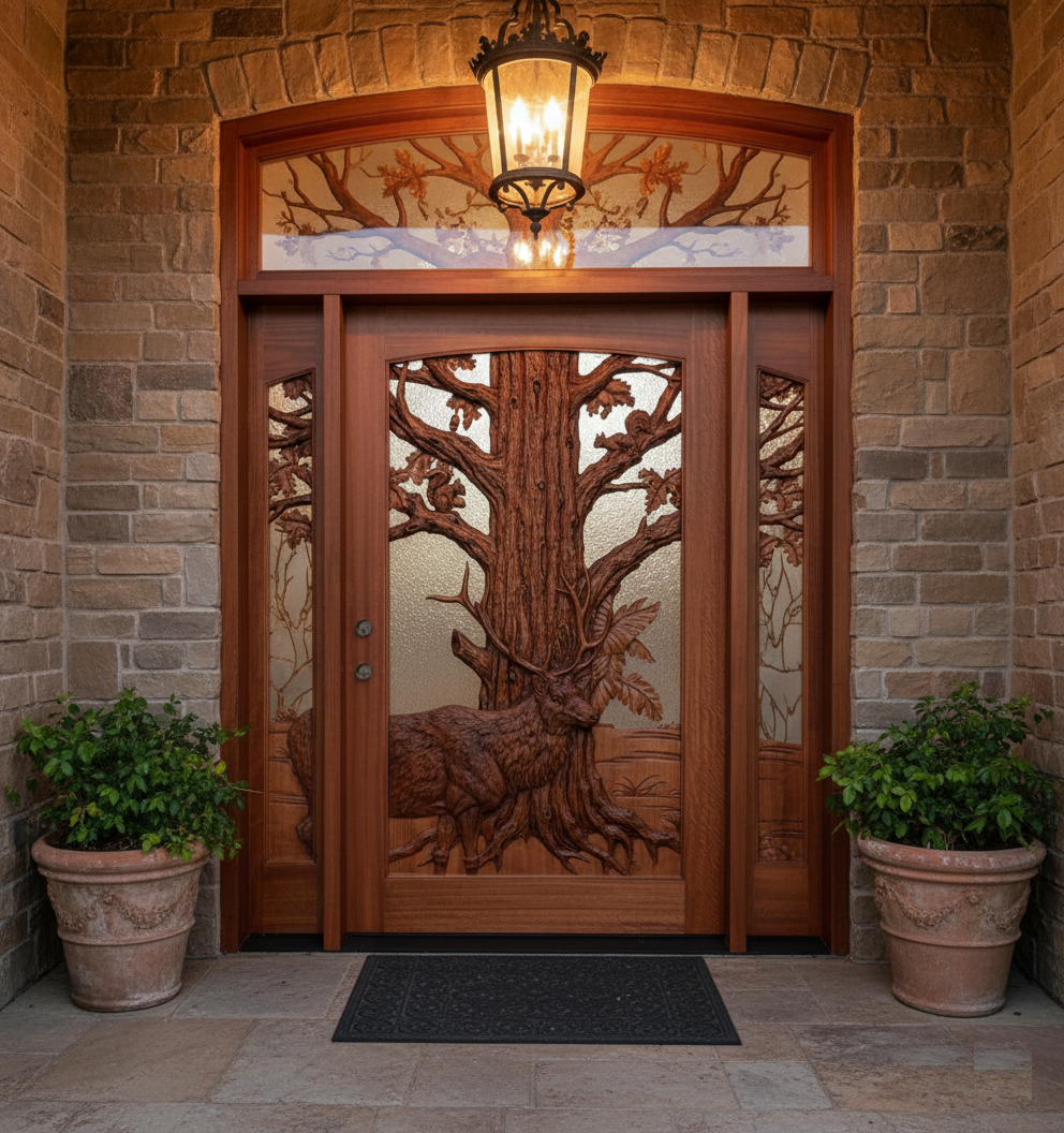 Custom hand-carved solid wood single front door with matching carved glass sidelights and arched transom light featuring an elk and oak tree motif, installed in a classic stone and brick entryway with a hanging lantern light and potted planters.