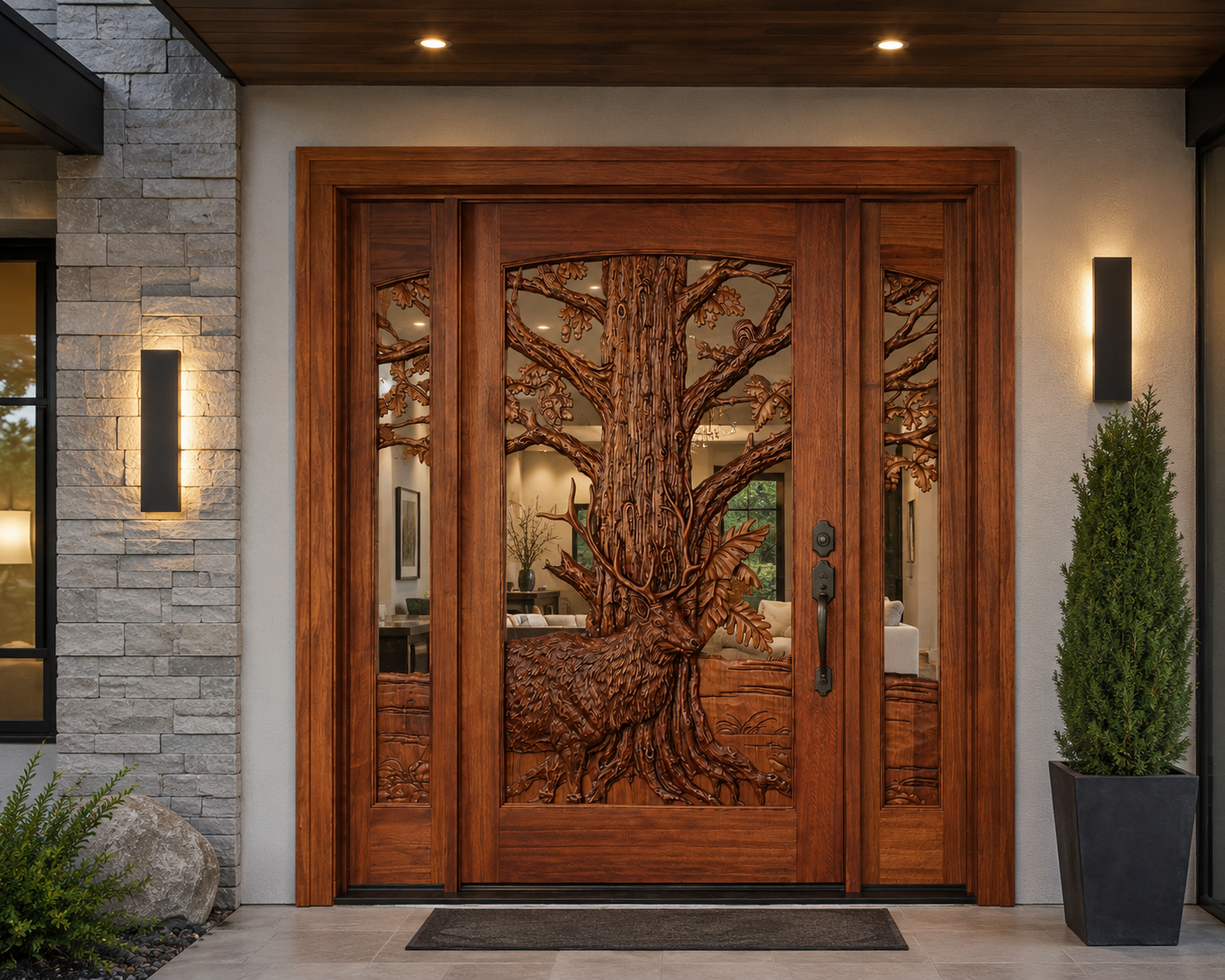 Custom hand-carved solid wood front door with matching carved glass sidelights featuring an elk and oak tree motif, installed in a modern luxury home entrance with stacked stone accent wall, modern vertical sconce lights, and wood ceiling soffit.