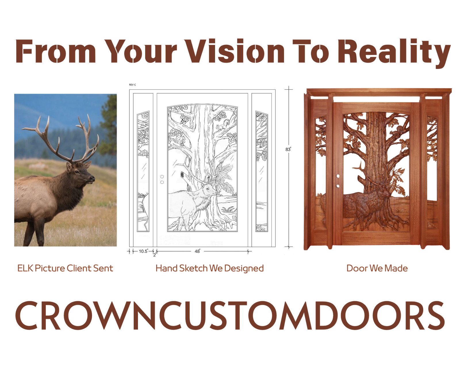 Step-by-step custom door design process by Crown Custom Doors showing a client reference photo of an elk, a technical CAD design sketch layout with dimensions, and the finished hand-carved solid wood elk and oak tree double door entry system with sidelights.
