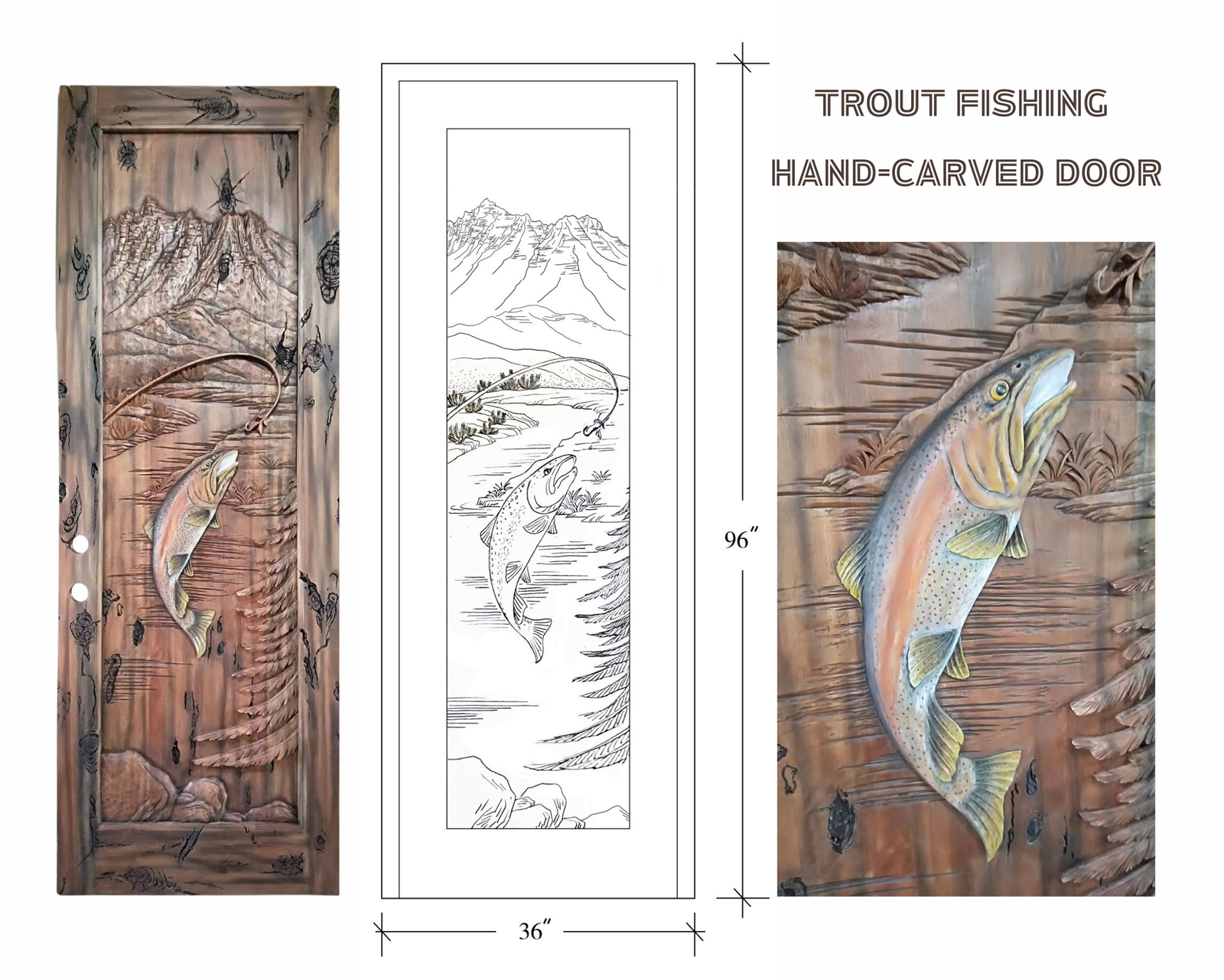 Crown Custom Doors design specification layout showing a completed hand-carved solid wood fly fishing trout door next to an architectural CAD line drawing with 36x96 dimensions and close-up detail.