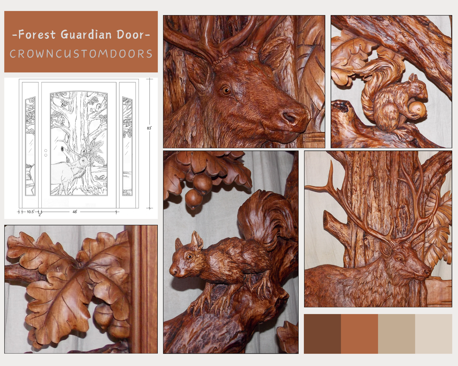 Product detail collage for the Forest Guardian custom door by Crown Custom Doors, featuring architectural CAD layout dimensions, 3D relief carvings of a majestic elk, squirrels with acorns, detailed oak leaves, and warm wood stain color swatches.
