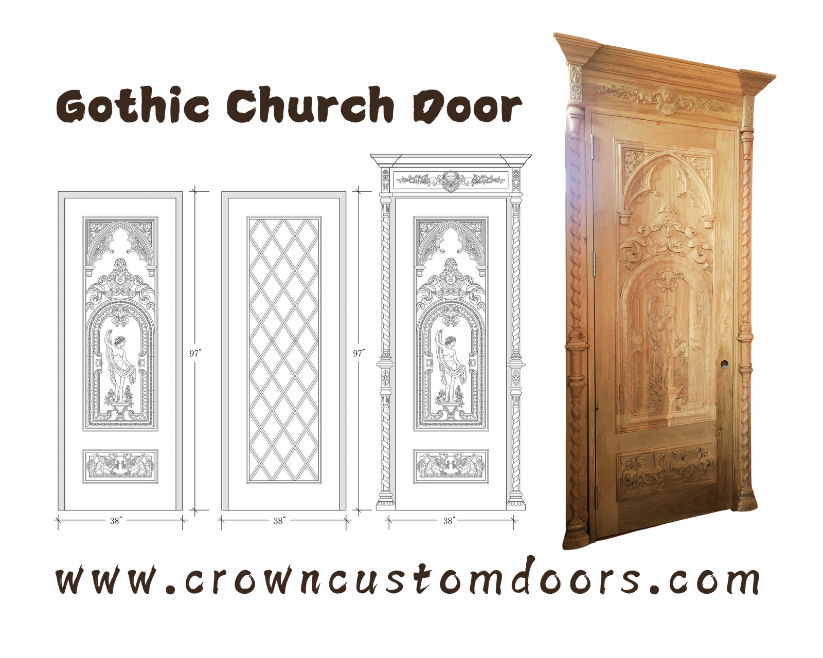 Bespoke Gothic Church custom door design display by Crown Custom Doors showing 97-inch height CAD architectural layout drawings, lattice glass options, and the finished raw solid wood door featuring gothic arches, figurative relief carvings, twisted rope columns, and an ornate header.