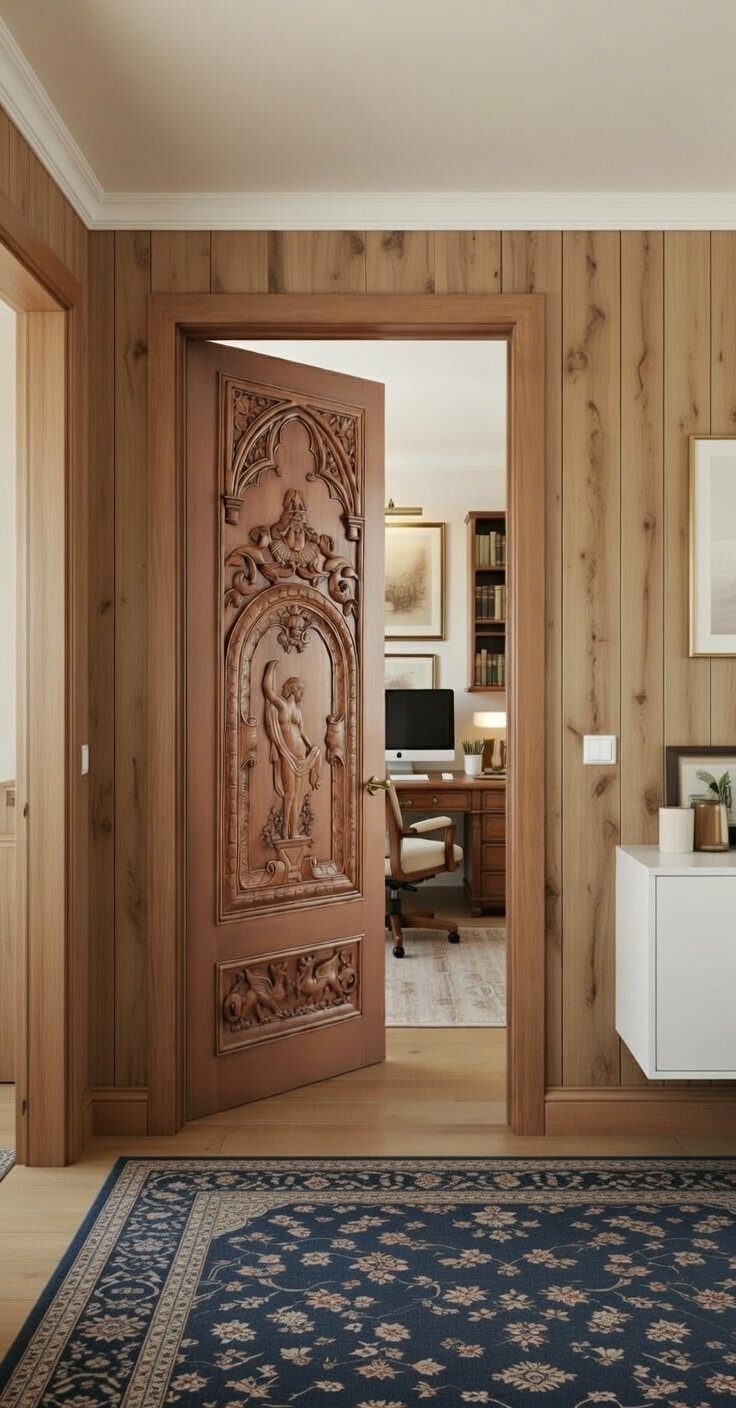 Custom hand-carved solid wood interior door featuring Gothic arch tracery, classical figurative relief carving, and mythical creature bottom panel, shown open into an executive home office surrounded by vertical natural wood paneling.