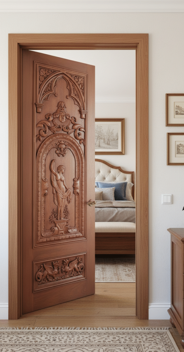 Custom hand-carved solid wood interior door featuring Gothic arch tracery, classical figurative relief carving, and mythical creature bottom panel, shown open into an elegant master bedroom with a tufted upholstered headboard.