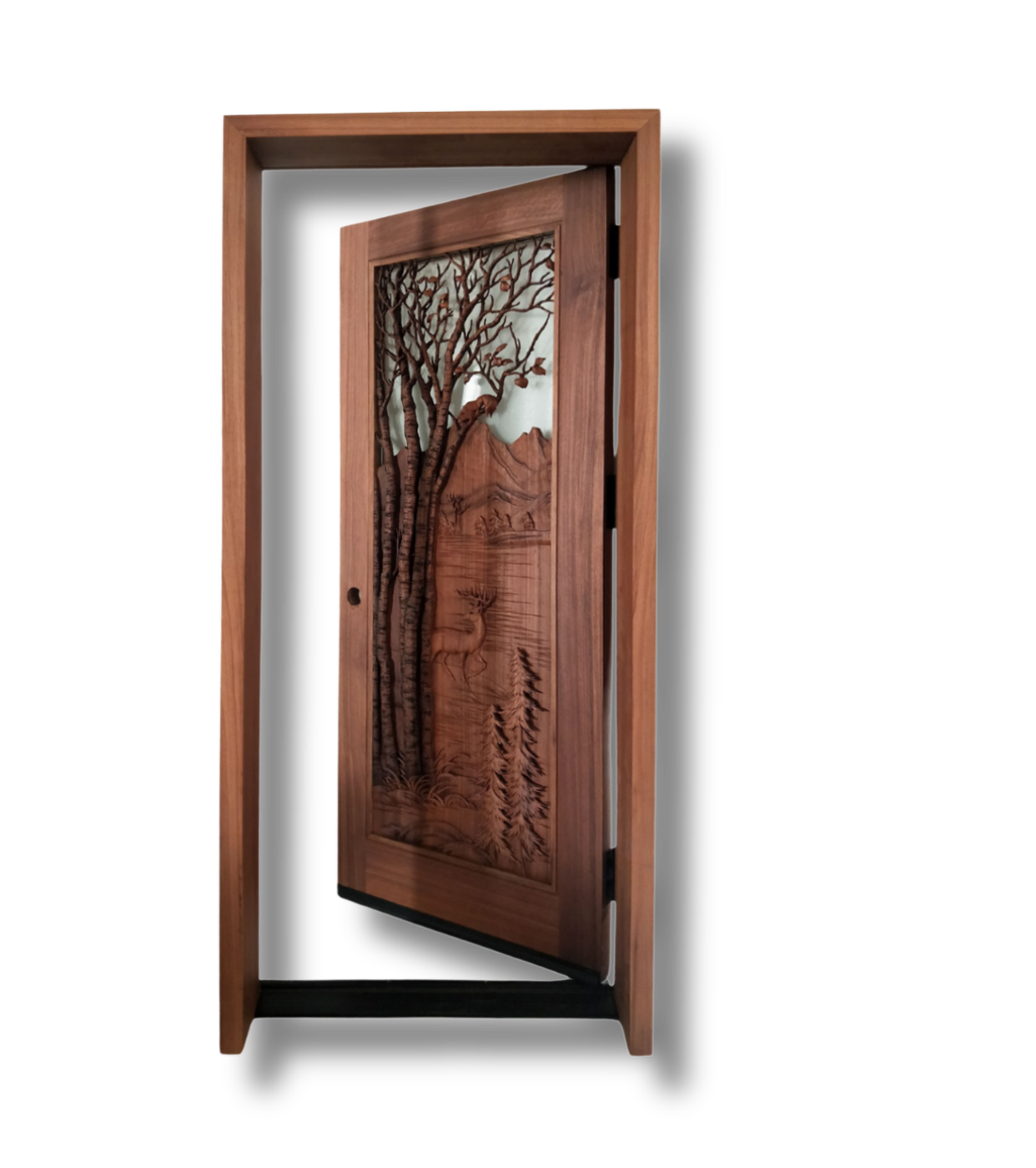 Craftsman solid wood entry door featuring a detailed 3D relief carving of a deer near a lake with birch trees, pine trees, and mountain backdrop, paired with open branch work over glass.