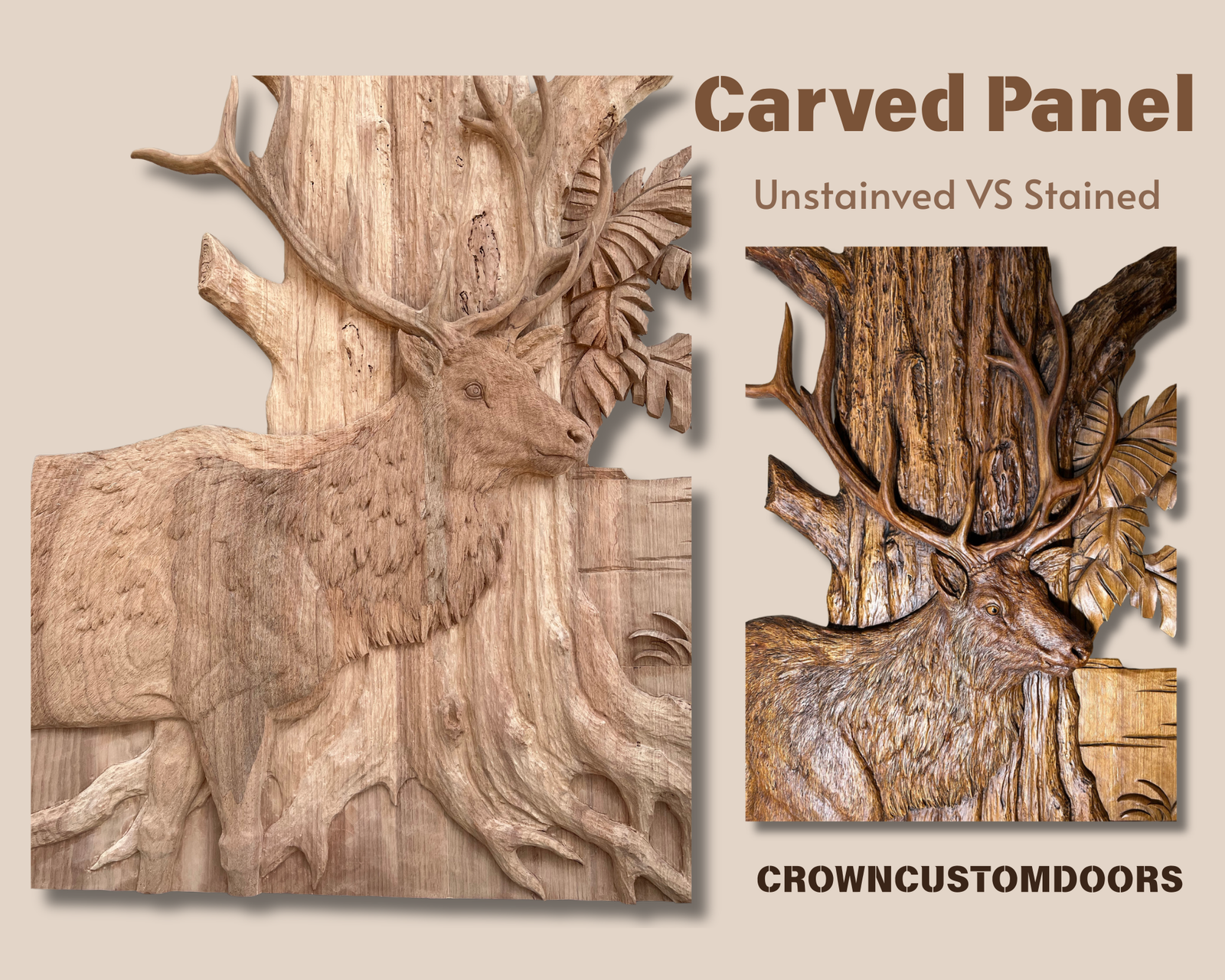 Side-by-side comparison of a custom hand-carved solid wood door panel featuring a 3D relief elk carving, showing the raw unstained natural wood carving stage next to the richly stained and hand-finished final result by Crown Custom Doors.