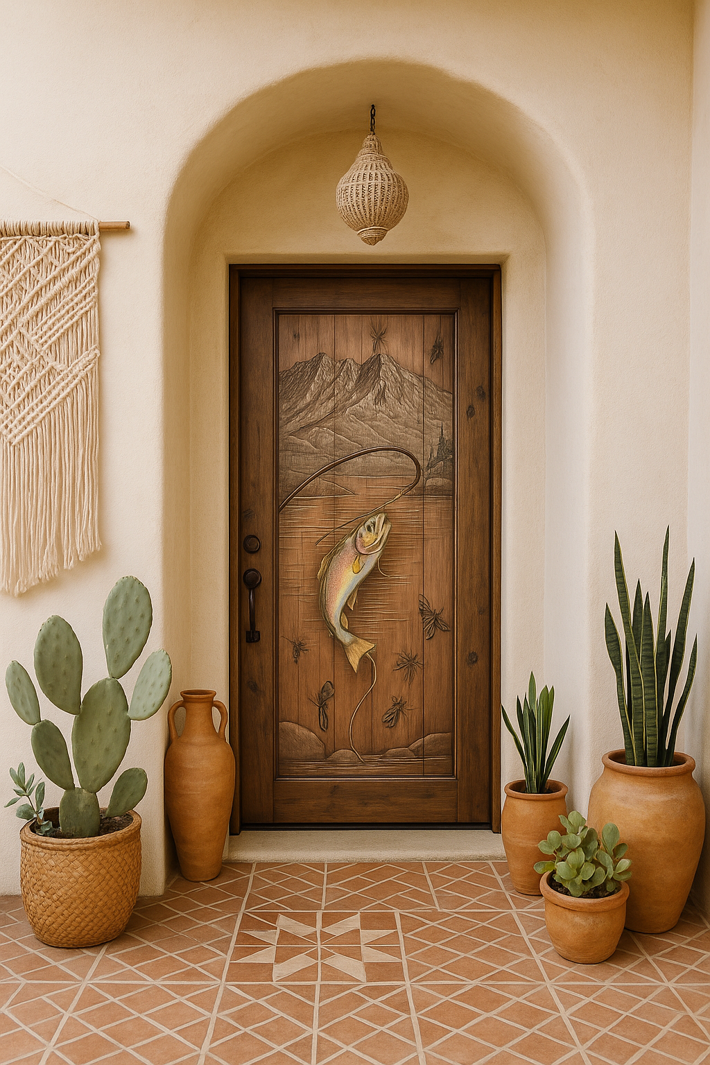 Custom hand-carved solid wood front door featuring a leaping rainbow trout, fly fishing rod, mountain lake landscape, and hand-carved flies, installed in an arched Bohemian entryway with terracotta tiles and potted cacti.