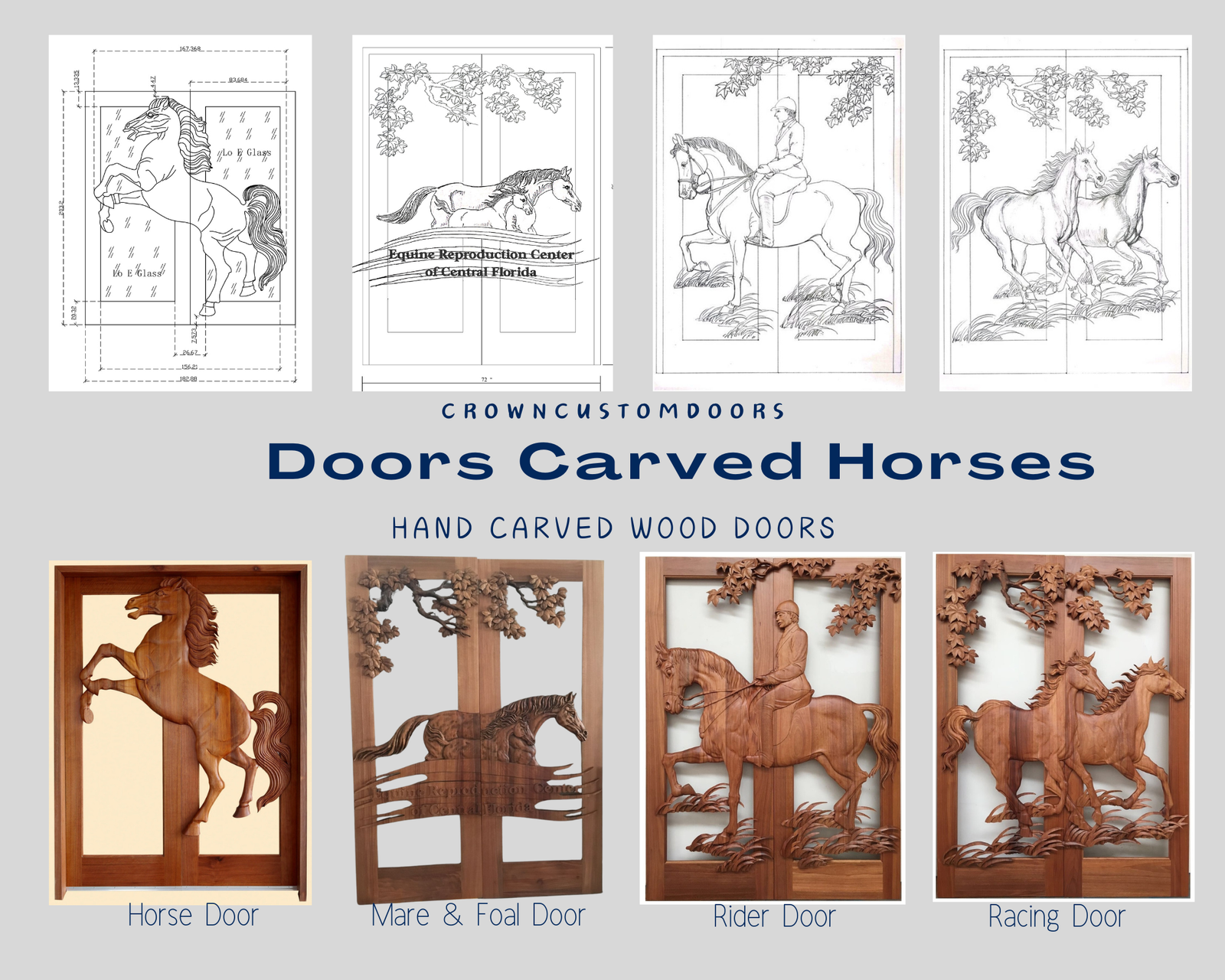 Design catalog collage featuring CAD sketches and finished hand-carved solid wood horse entry doors by Crown Custom Doors.