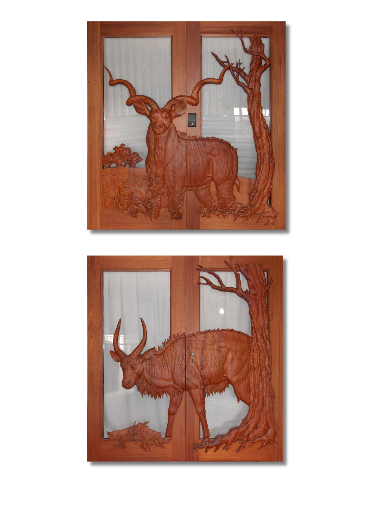 Hand-carved solid wood double entry doors featuring 3D relief carvings of a Greater Kudu and a Nyala surrounded by trees and textured glass panels.