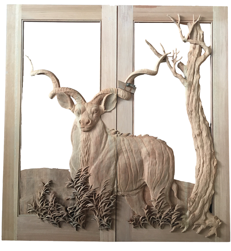 Hand-carved solid wood double entry doors featuring a 3D relief carving of a majestic kudu bull standing beside a gnarled tree in high-detail craftsmanship.