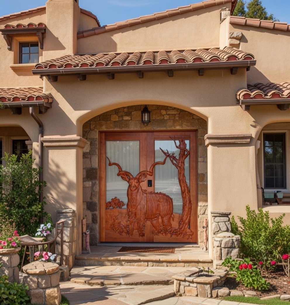 Custom hand-carved solid wood double entry doors with a 3D kudu wildlife relief carving, installed in a Mediterranean-style home exterior with a stone archway and Spanish tile roof.