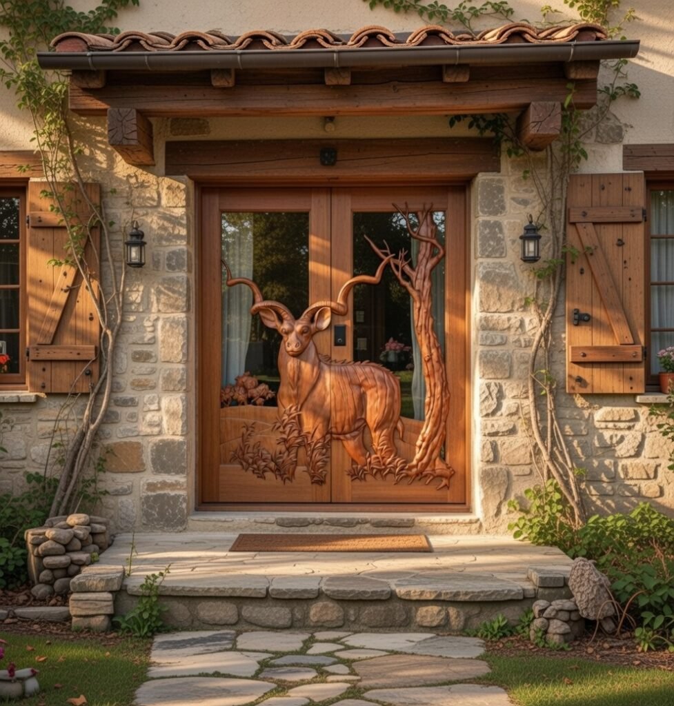 Custom hand-carved solid wood double entry doors with glass inserts and a 3D relief carving of a kudu bull, installed on a rustic stone cottage entrance with wooden shutters.