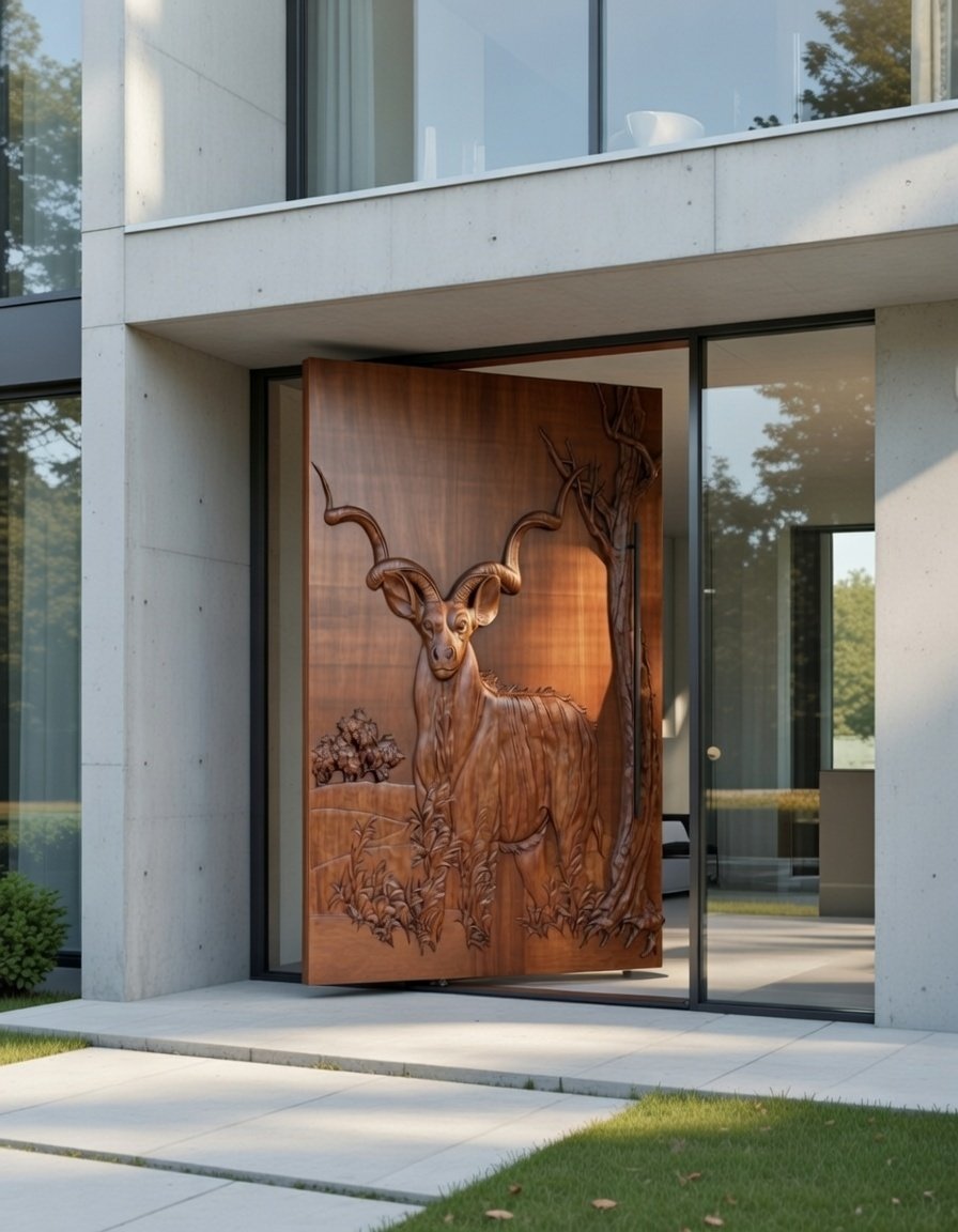 Custom oversized hand-carved solid wood pivot entry door with a 3D relief carving of a kudu bull, installed in a modern contemporary home with glass sidelights and concrete wall architecture.