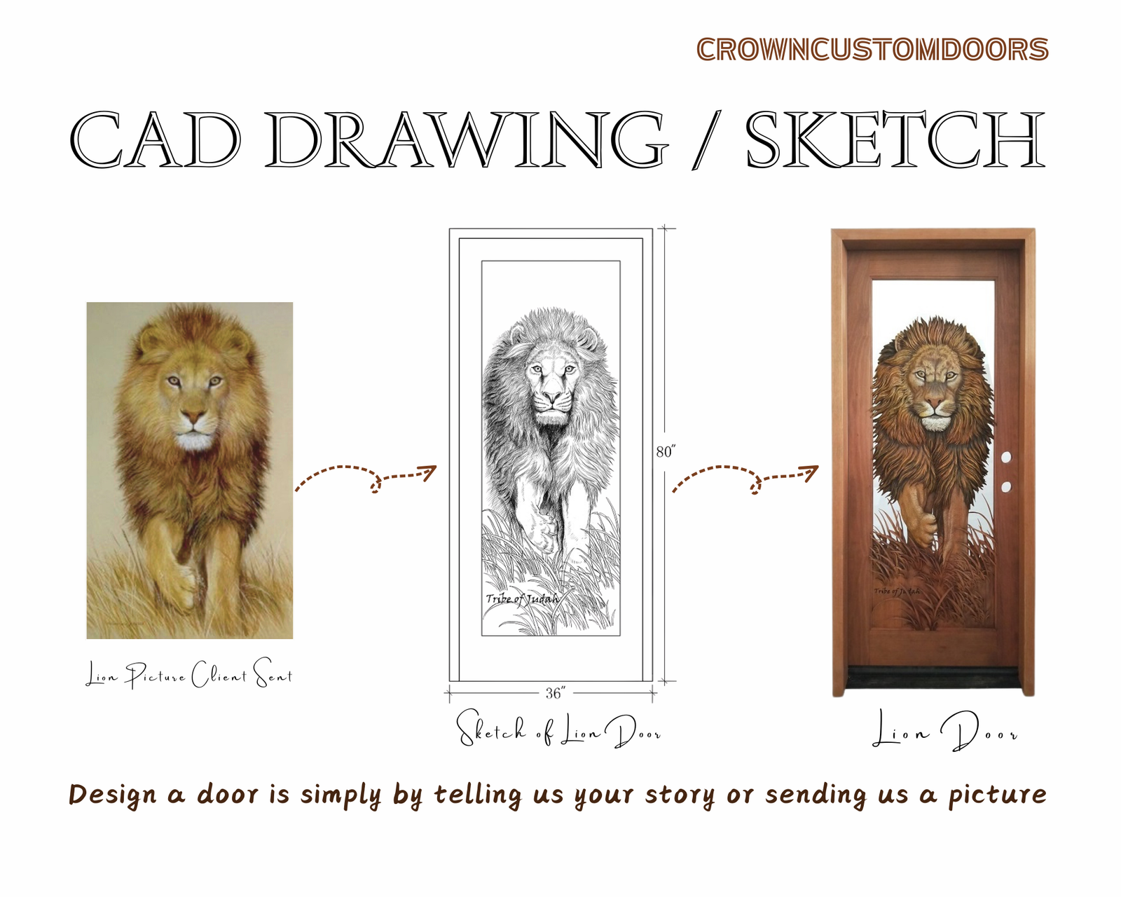 CAD sketch and completed custom solid wood single entry door with a hand-carved lion relief design, showing the custom design process from client photo to finished door for a modern craftsman home.