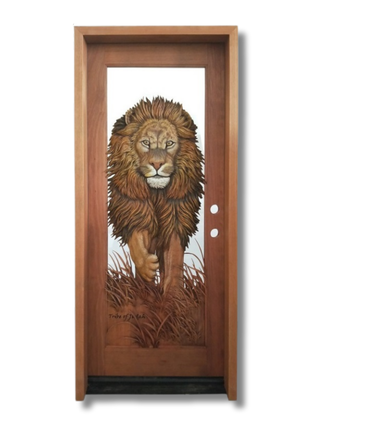 Hand-carved solid wood entry door featuring a 3D relief carving of a majestic male lion labeled Tribe of Judah walking through tall grass in front of a frosted glass panel.