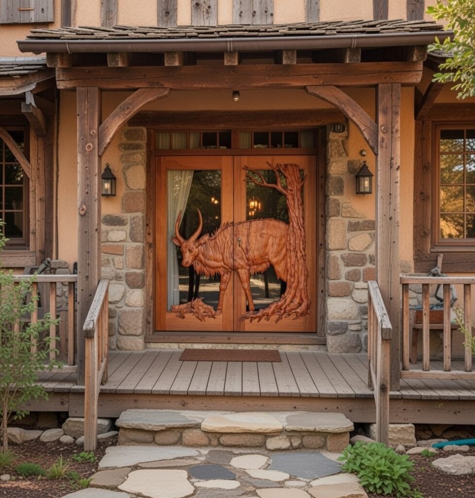 Custom hand-carved solid wood double entry doors with glass panels and a 3D relief sculpture of a Nyala antelope, installed on a Craftsman-style cabin porch with stone walls and wooden railings.