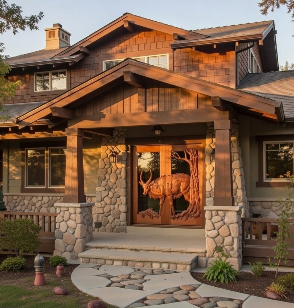 Custom hand-carved solid wood double entry doors with glass panels and a 3D Nyala antelope relief sculpture, installed on a Craftsman lodge home entryway with river rock stone pillars and cedar shingle siding.