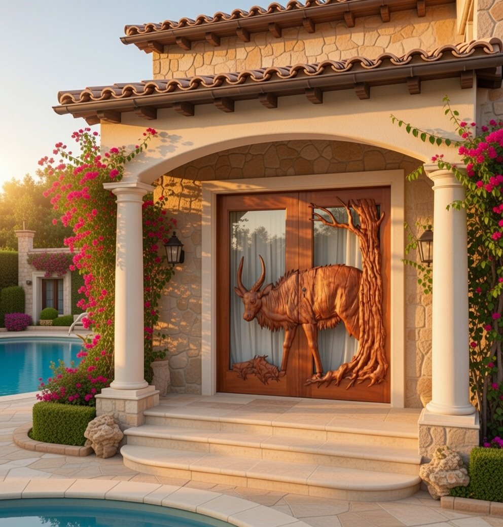 Custom hand-carved solid wood double entry doors featuring a 3D Nyala antelope relief carving, installed on a luxury Mediterranean home entryway with stone columns and poolside view.