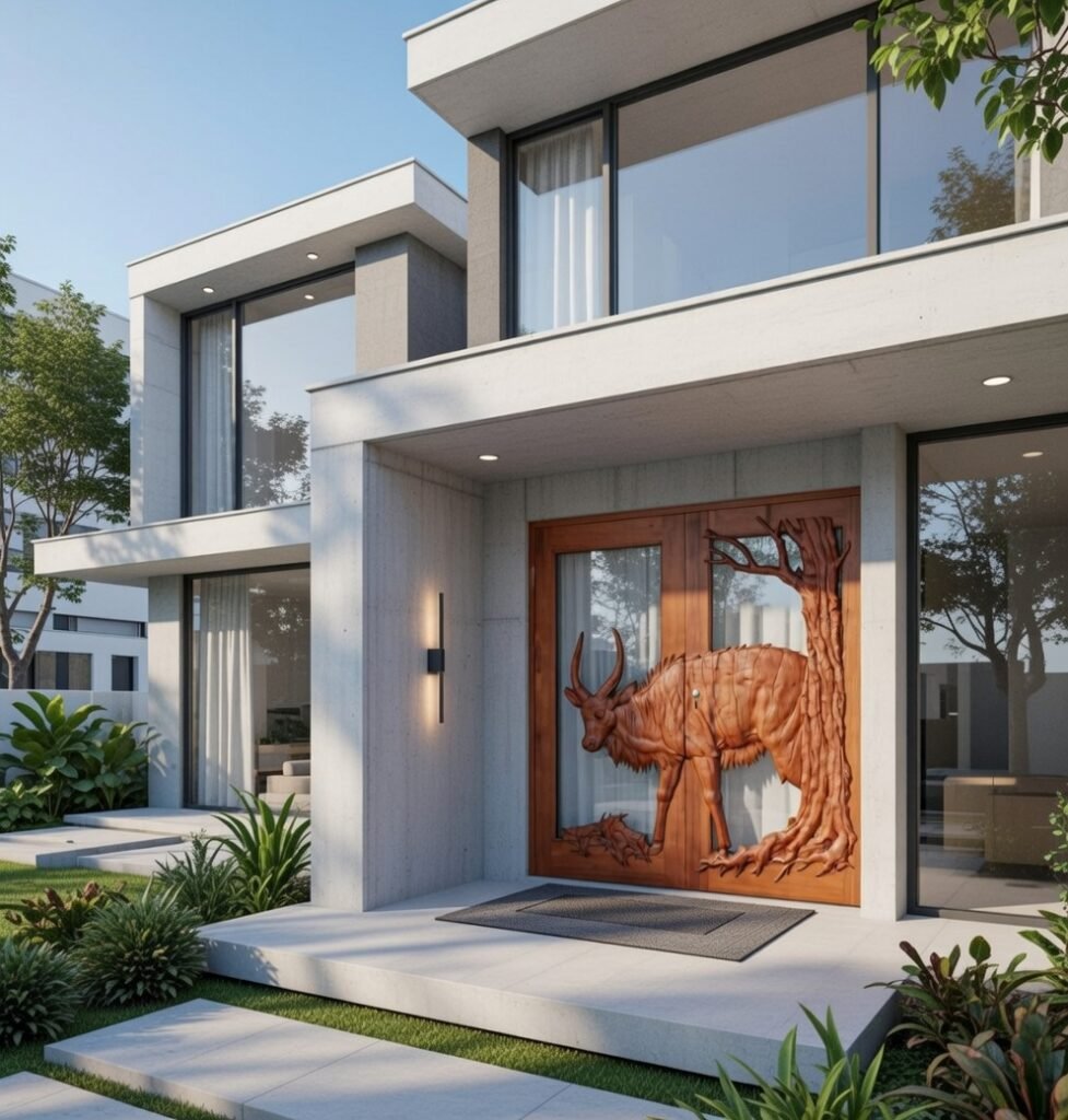 Custom hand-carved solid wood double entry doors with glass panels and a 3D Nyala antelope relief sculpture, installed on a modern concrete villa entrance with floor-to-ceiling glass windows.