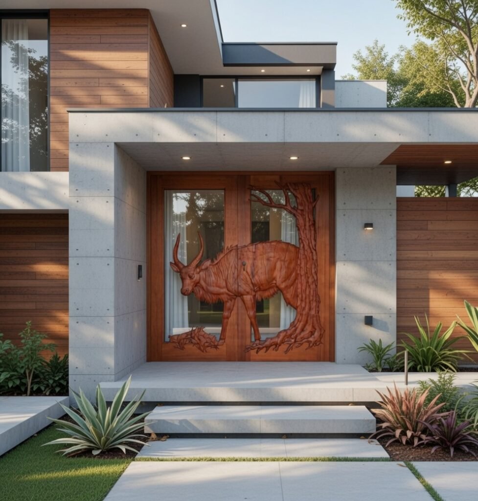 Custom hand-carved solid wood double entry doors with glass panels and a 3D Nyala antelope relief sculpture, installed on a modern home facade featuring horizontal wood siding and concrete architectural pillars.