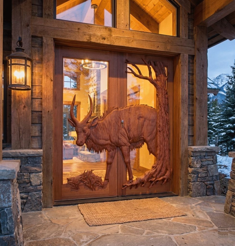 Custom hand-carved solid wood double entry doors featuring a 3D Nyala antelope relief sculpture, installed on a rustic timber frame lodge home entrance with glass panels and stone pillars.