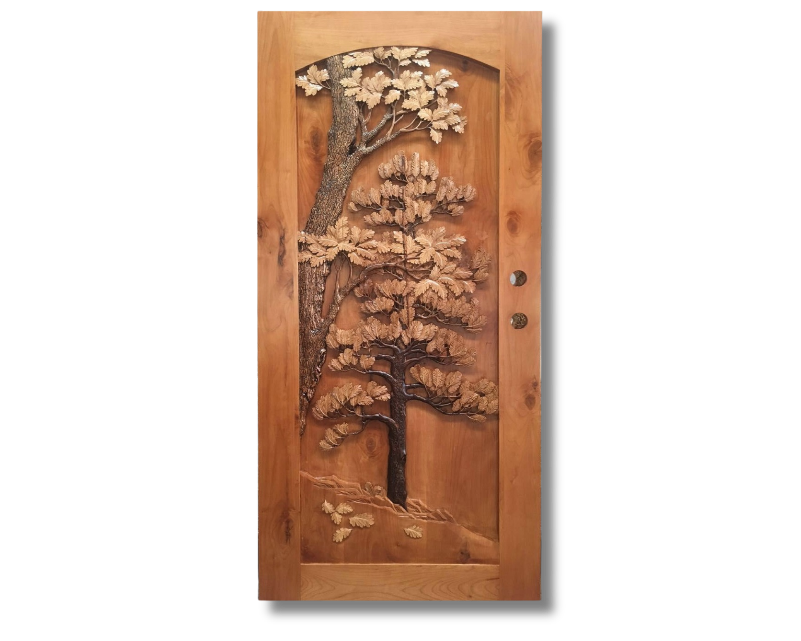 Handcrafted single solid wood front door featuring a 3D hand-carved oak and pine tree motif in high-relief dimensional detail against a black background.