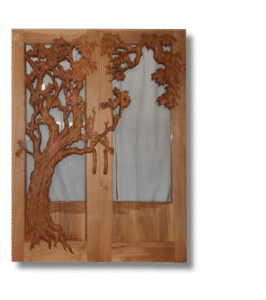 Craftsman solid wood double entry doors featuring an organic 3D relief carving of an oak tree spanning across both panels over frosted glass, complete with carved wooden handles.