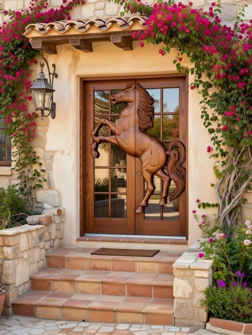 Solid wood double entry door with glass paning and a central hand-carved rearing horse motif installed on a Mediterranean villa.