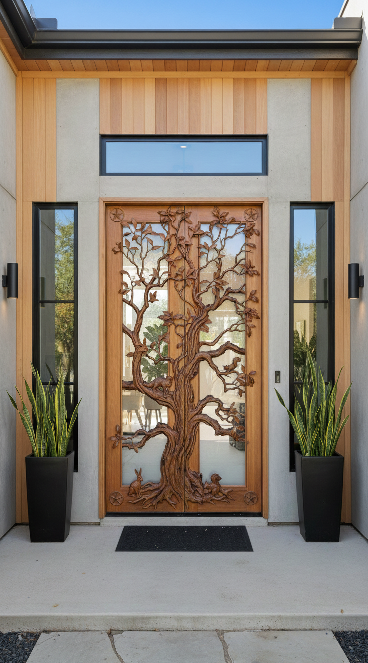Modern architectural home entryway featuring installed solid wood double entry doors with 3D relief carvings of a Texas oak tree, side sidelights, transom window, and potted snake plants.