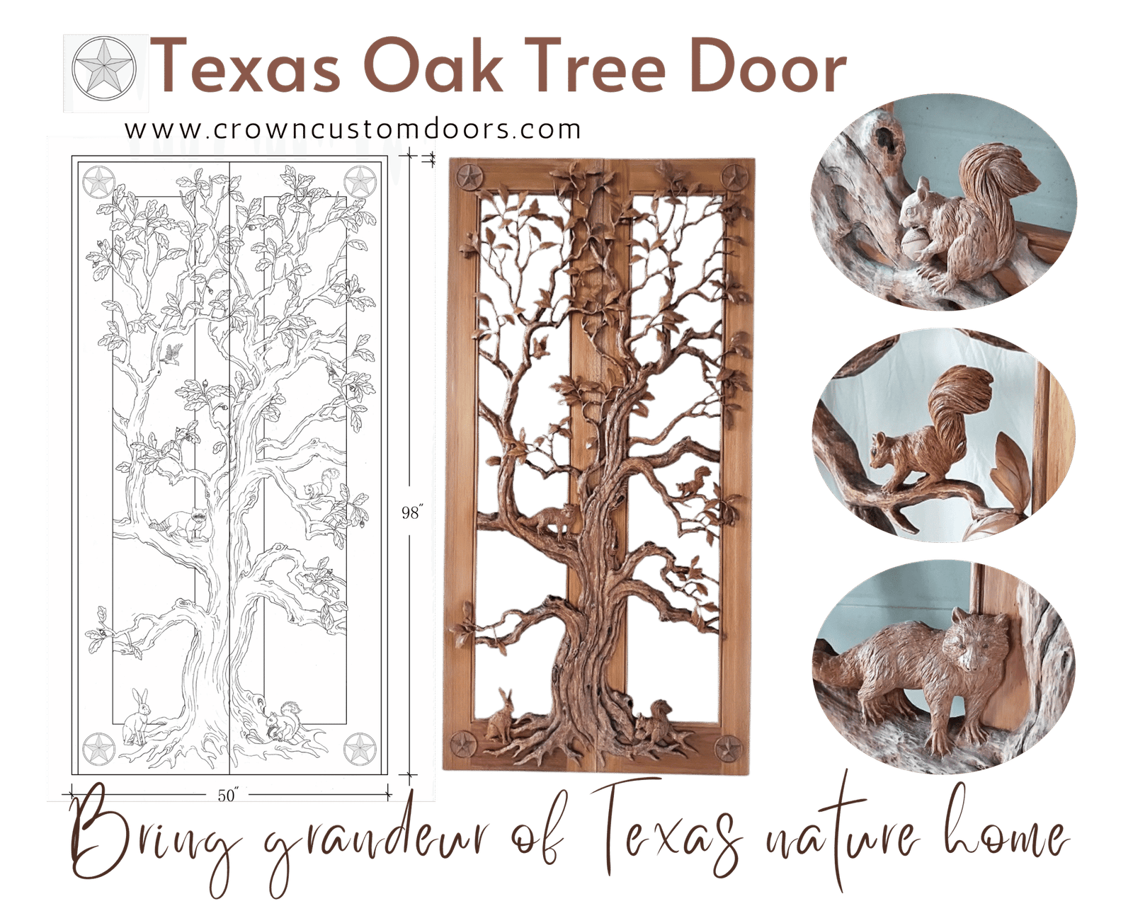 Custom solid wood double entry doors featuring a 3D relief carving of a Texas oak tree with carved wildlife details including a raccoon, squirrels, and a rabbit, flanked by Texas star accents and architectural blueprint measurements.