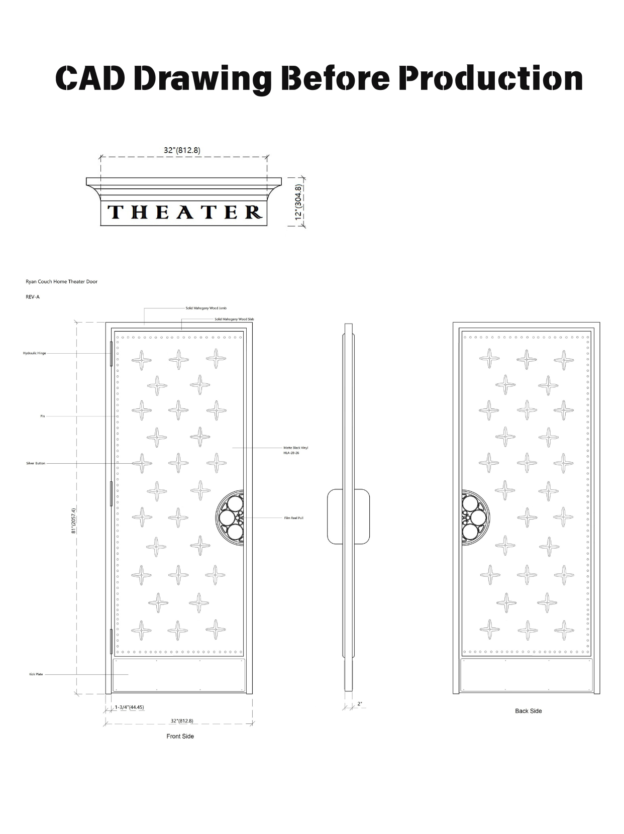 CAD architectural drawing showing front, side, and back elevations for a custom solid mahogany home theater door featuring starburst upholstery, silver buttons, a film reel door pull, and an engraved THEATER header molding.
