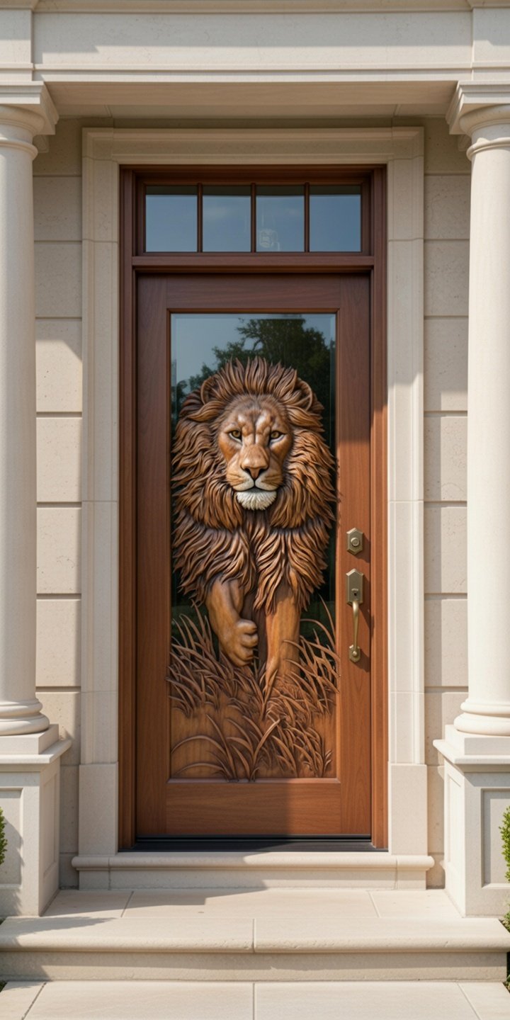 Custom hand-carved Lion of Judah solid wood single front door with glass insert, carved lion head relief, and rectangular multi-pane transom light, installed in a luxury classical limestone mansion entrance with grand columns.