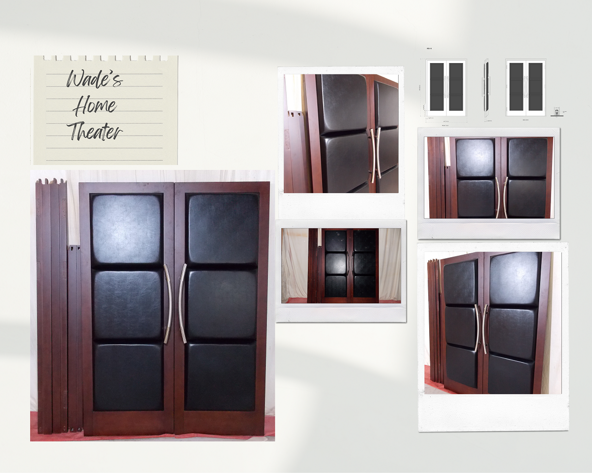 Collage featuring multiple photo angles, architectural drawings, and detail shots of custom pre-hung solid mahogany double doors with 3-panel black vinyl acoustic cushioning and curved stainless steel ladder handles.