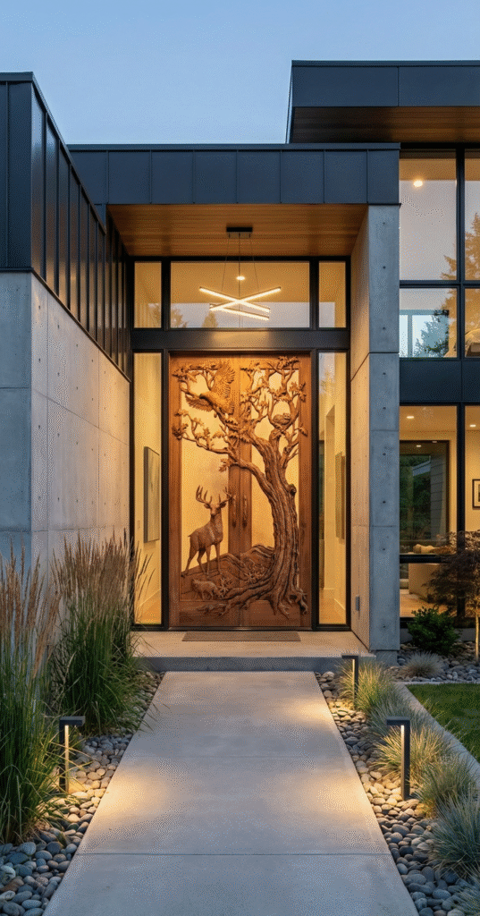 Custom solid wood double front entry doors featuring 3D hand-carved red oak tree, eagle, stag, raccoon, and fox wildlife motifs, installed in a modern architectural home with architectural concrete, dark metal cladding, glass transoms, and illuminated concrete walkway.
