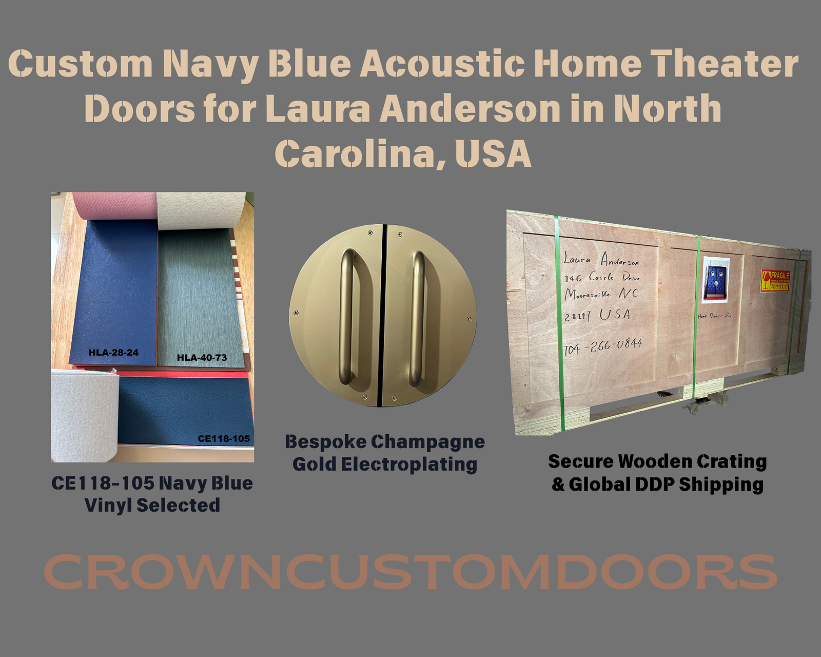 Infographic case study for Laura Anderson showing navy blue vinyl material swatches CE118-105, custom champagne gold electroplated circular stainless steel handles, and a secure heavy-duty wooden shipping crate by Crown Custom Doors.