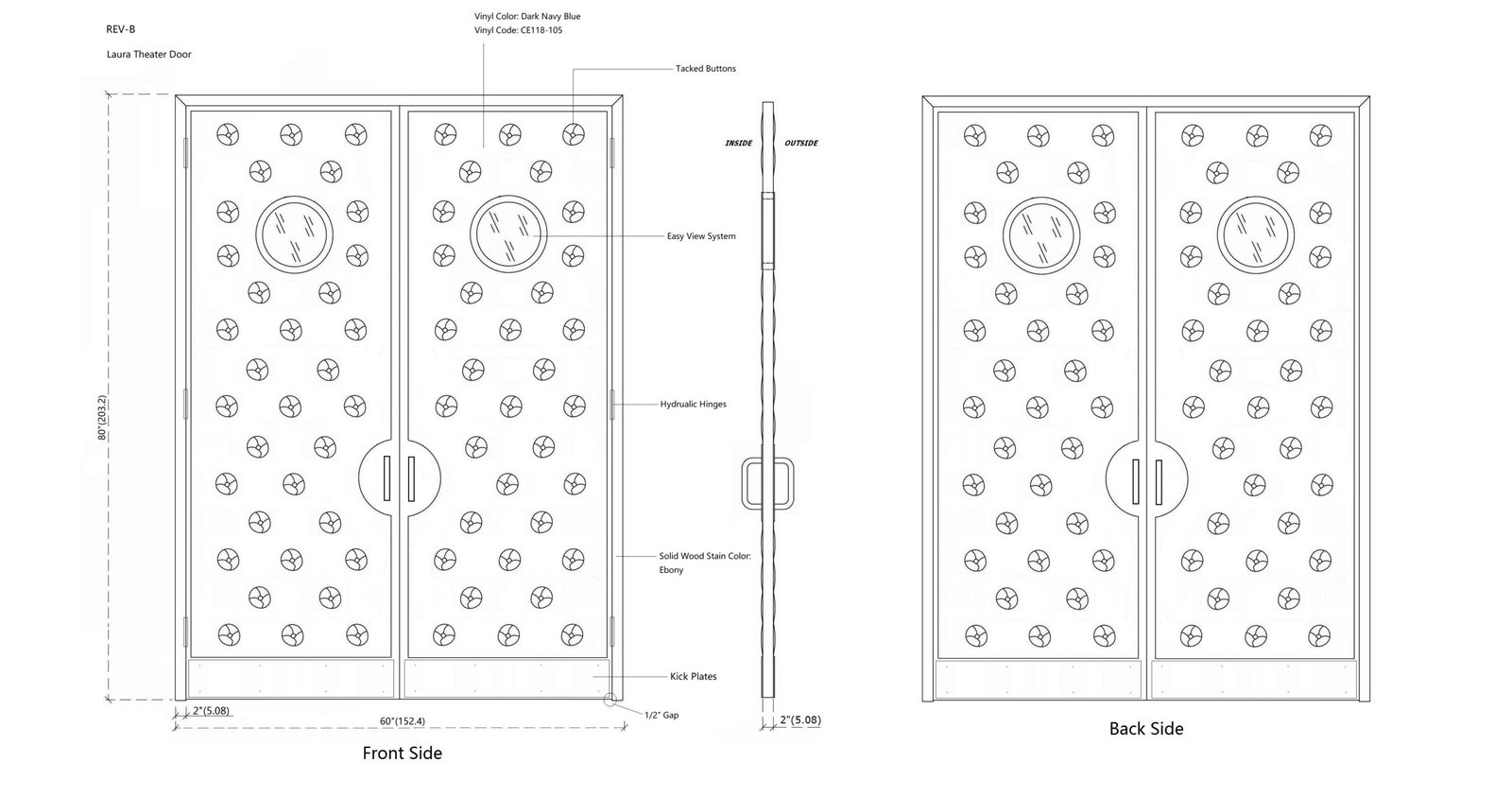 Technical CAD architectural shop drawing for Laura Anderson's 60" x 80" custom dark navy blue tufted acoustic home theater double doors showing front view, side profile, and back side elevation details by Crown Custom Doors.