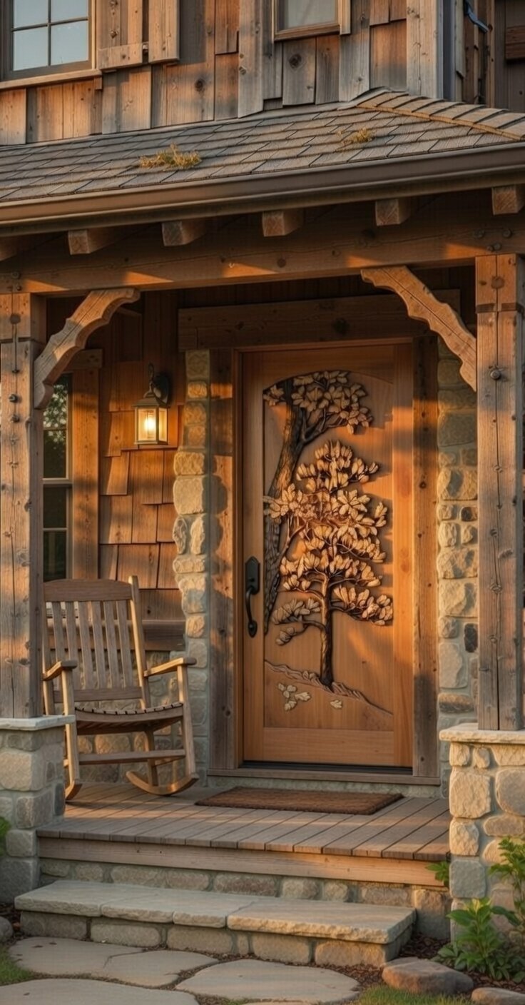 Single solid wood front entry door featuring a hand-carved high-relief tree, installed on a rustic cedar shingle and stone porch with a rocking chair.
