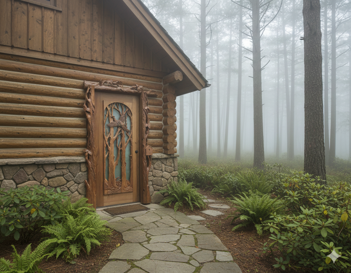 Single solid wood front entry door featuring a hand-carved 3D pheasant in flight, installed on a rustic log cabin in a foggy pine forest setting with stone masonry foundation and sculpted branch door trim.