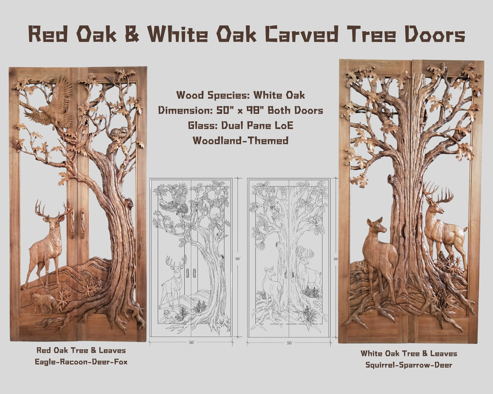 Specification catalog graphic showing custom solid white oak double entry doors with hand-carved red oak and white oak tree motifs, featuring eagle, deer, raccoon, fox, and squirrel wildlife carvings with dual pane LoE glass.