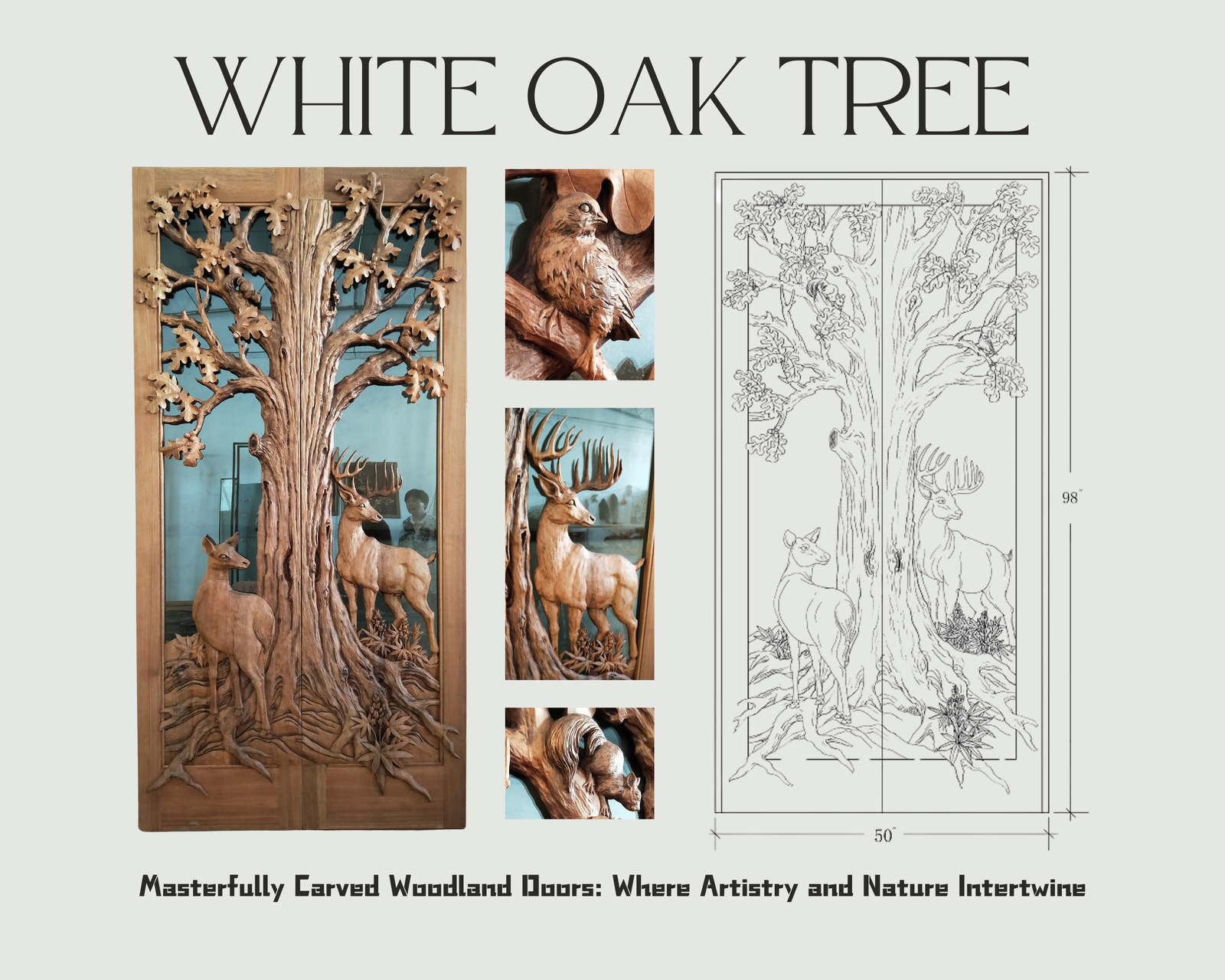 Specification collage showing custom solid wood double entry doors carved in the shape of a white oak tree, featuring 3D reliefs of a buck, doe, sparrow, and squirrel alongside architectural CAD drawings.