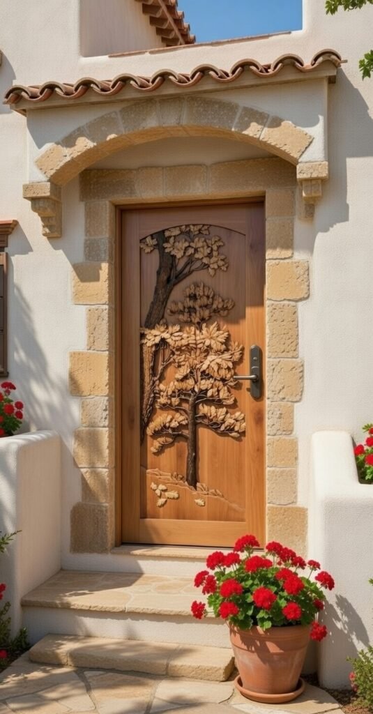 Single solid wood front entry door featuring a hand-carved high-relief tree, set within a stucco Spanish Revival portico with stone masonry trim, terracotta roof tiles, and vibrant potted geraniums.