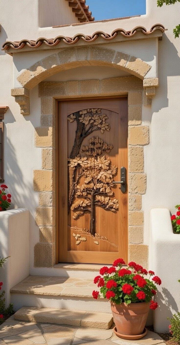 Single solid wood front entry door featuring a hand-carved high-relief tree, set within a stucco Spanish Revival portico with stone masonry trim, terracotta roof tiles, and vibrant potted geraniums.