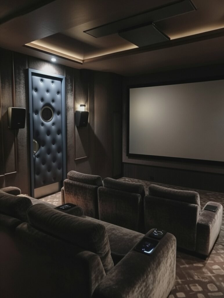 Warmly lit luxury home cinema featuring a custom storm gray vinyl button-tufted acoustic single swing door with a circular porthole window, brushed silver handle, and plush velvet seating.