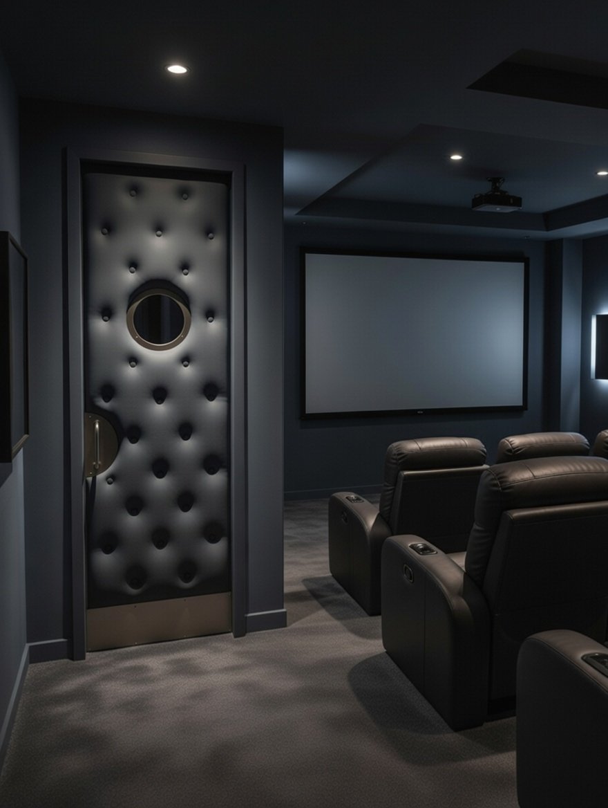Modern dark home cinema interior featuring a custom storm gray vinyl button-tufted acoustic single swing door with a circular porthole window and semi-circular brushed metal handle.