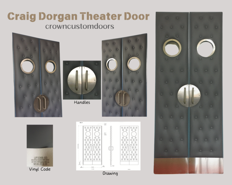 Design specification sheet for custom storm gray vinyl acoustic home theater double doors showing 3D renders, architectural drawings, vinyl material sample UP3366-83, circular porthole windows, and stainless steel kick plates.
