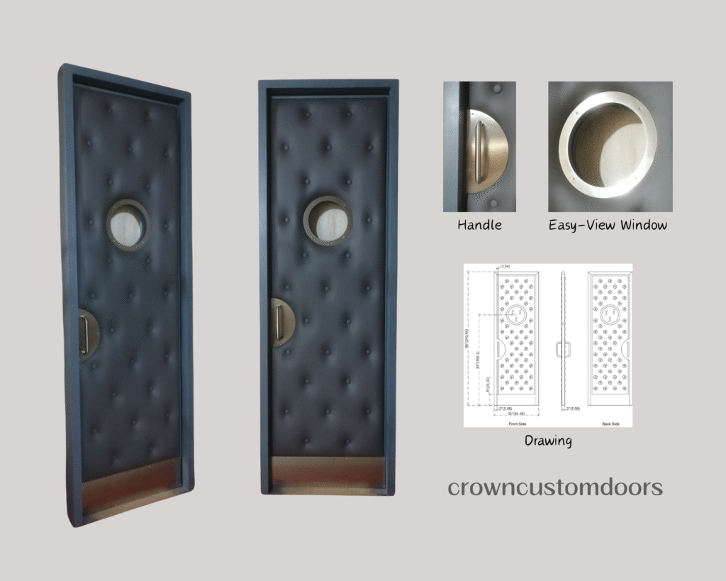 Design specification sheet for a custom single storm gray vinyl acoustic home theater door featuring 3D renders, architectural dimension drawings, a circular porthole easy-view window, semi-circular stainless steel pull handle, and protective metal kick plate.