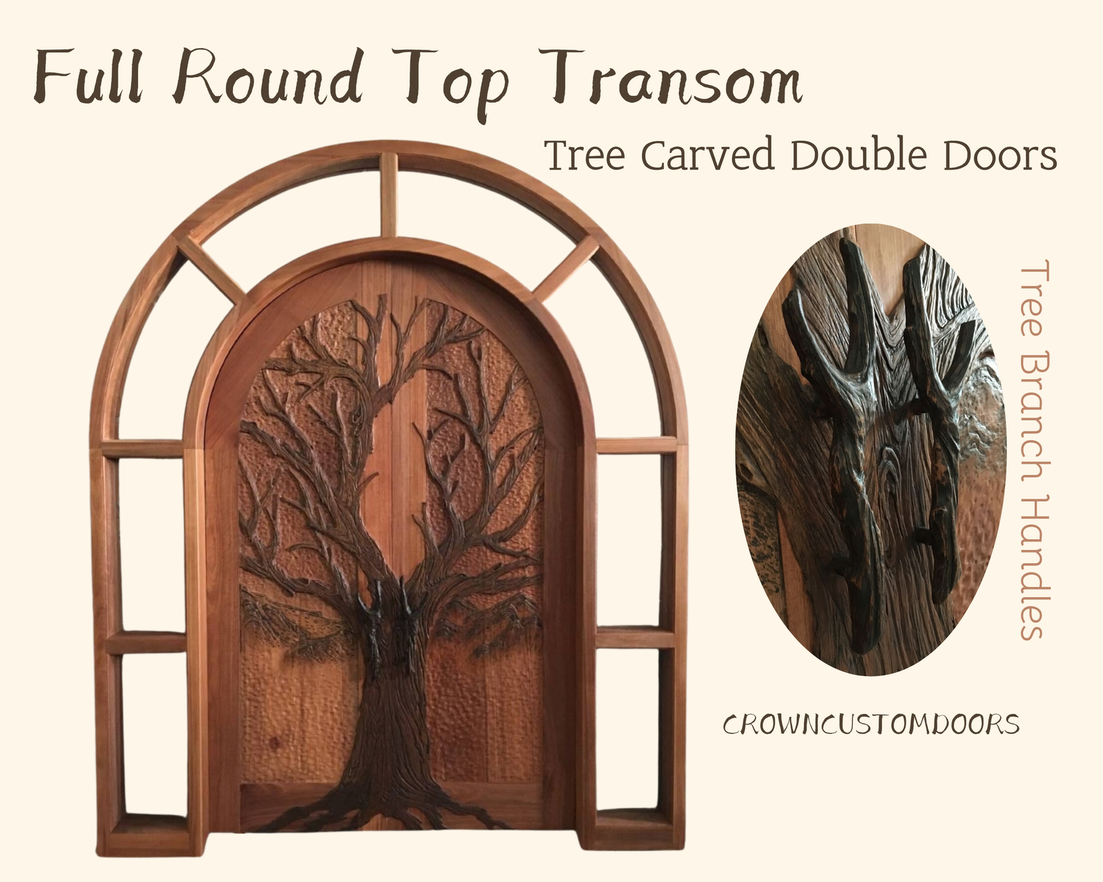 Custom solid wood double entrance doors featuring a deeply carved relief tree design, custom tree branch door handles, integrated glass sidelights, and a matching full round top transom light by Crown Custom Doors.