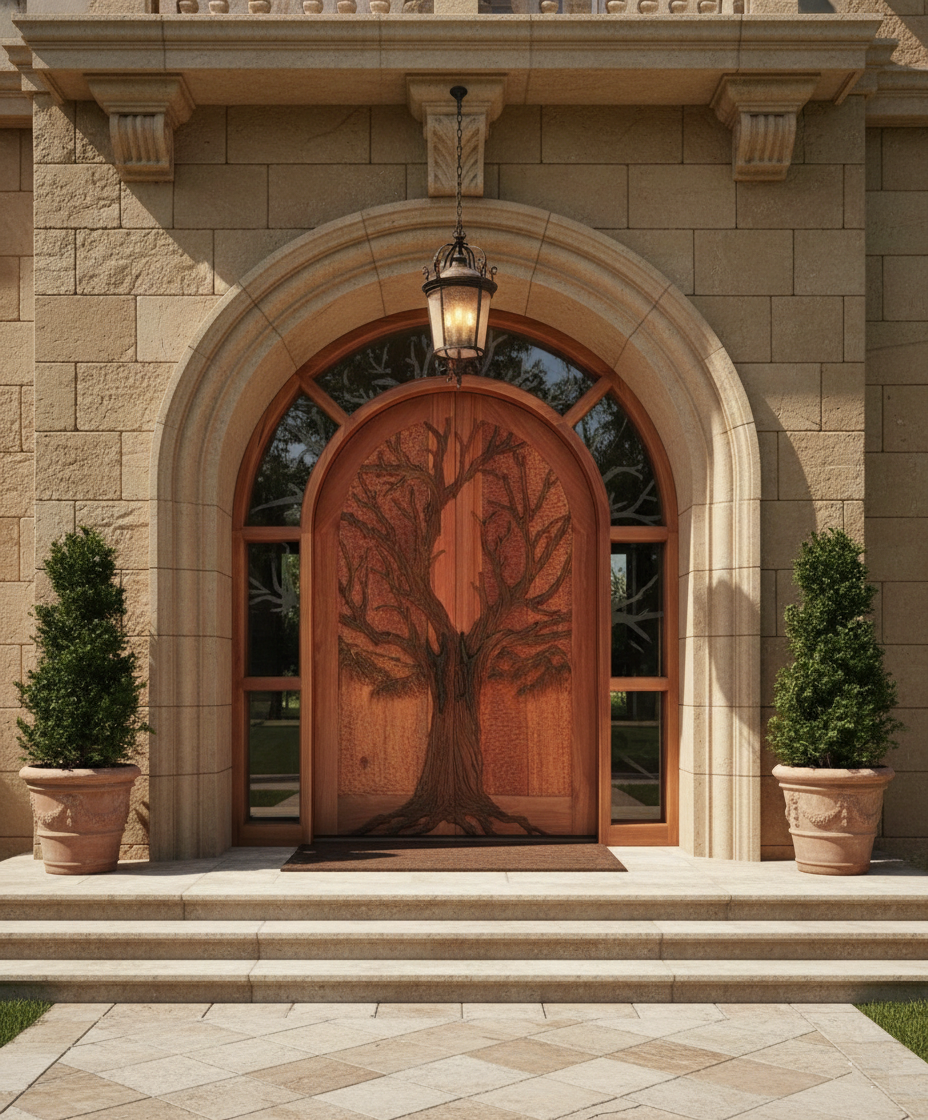 Custom hand-carved Tree of Life solid wood arched double front doors with round top transom and sidelights, installed under a grand stone archway of a classic Mediterranean-style mansion with hanging lantern light and potted topiaries.